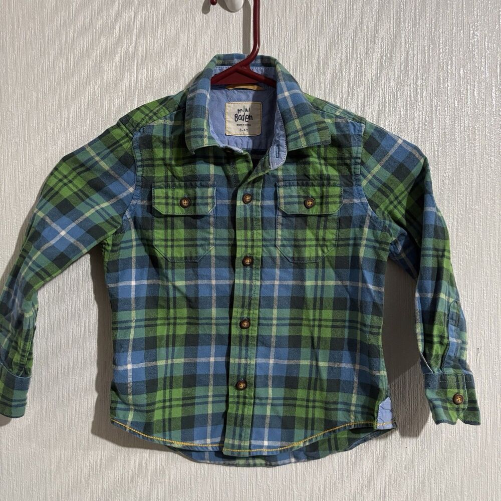 Mini Boden Button Down Collar Shirt Blue Green Dressy Photos Church Casual 3-4y